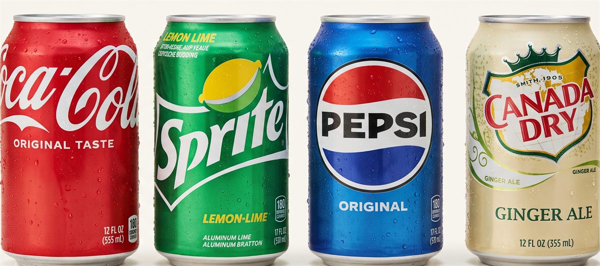 Ice-cold canned beverages — Coca-Cola, Sprite, Pepsi and Ginger Ale